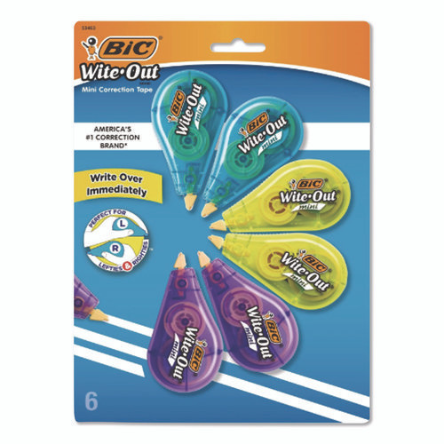 Wite-Out Brand Mini Correction Tape, Non-Refillable, Blue/Purple/Yellow Applicators, 0.2" x 314.4", 6/Pack