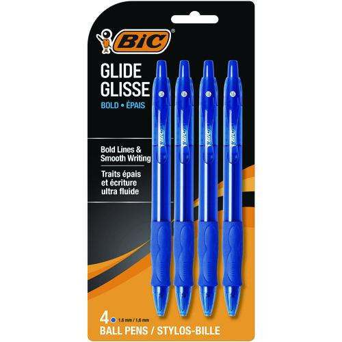 GLIDE Bold Ballpoint Pen, Retractable, Bold 1.6 mm, Blue Ink, Translucent Blue Barrel, 4/Pack