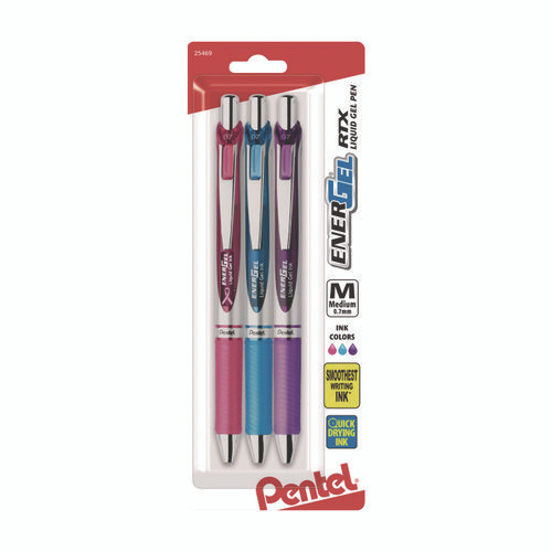 EnerGel RTX Gel Pen, Retractable, Medium 0.7 mm, Assorted Pastel Ink and Barrel Colors, 3/Pack