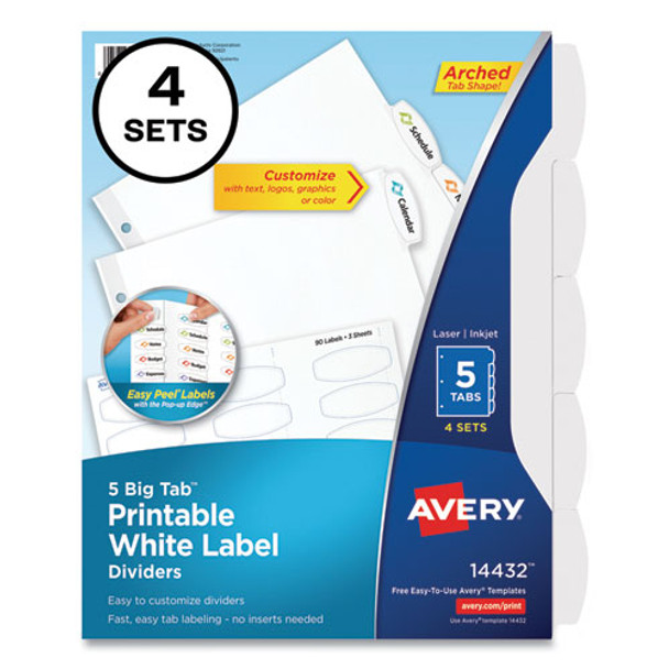 Big Tab Printable White Label Tab Dividers, 5-Tab, 11 x 8.5, White, 4 Sets