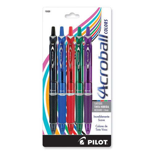 Acroball Colors Advanced Ink Hybrid Gel Pen, Retractable, Medium 1 mm, Assorted Ink and Barrel Colors, 5/Pack