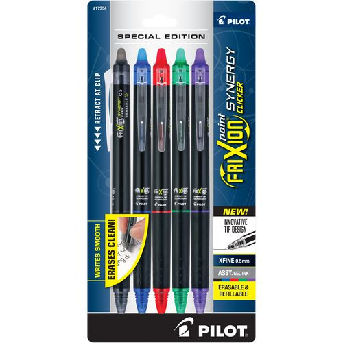 FriXion Synergy Clicker Erasable Gel Pen, Retractable, Extra-Fine 0.5 mm, Assorted Ink and Barrel Colors, 5/Pack