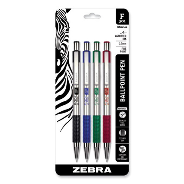 F-301 Ballpoint Pen, Retractable, Fine 0.7 mm, Assorted Ink and Barrel Colors, 4/Pack