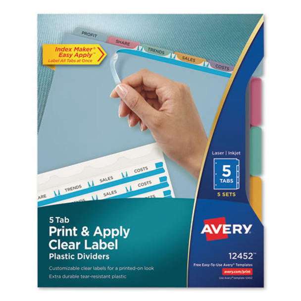 Print and Apply Index Maker Clear Label Plastic Dividers with Printable Label Strip, 5-Tab, 11 x 8.5, Assorted Tabs, 5 Sets