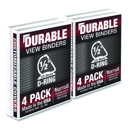 Durable D-Ring View Binders, 3 Rings, 0.5" Capacity, 11.5" x 8.5", White, 4/Pack