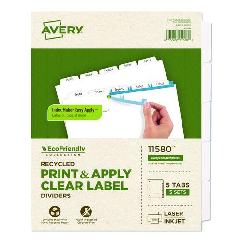 Index Maker EcoFriendly Print and Apply Clear Label Dividers with White Tabs, 5-Tab, 11 x 8.5, White, 5 Sets