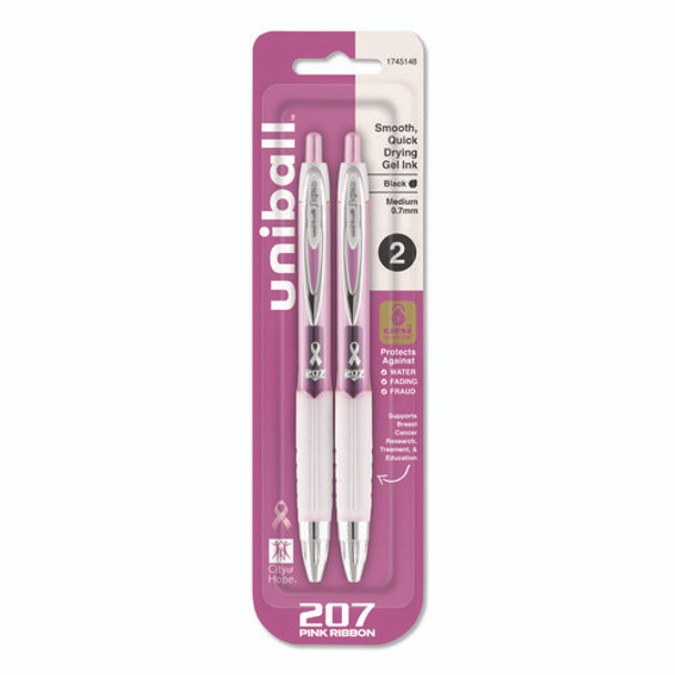 Signo 207 Breast Cancer Awareness Gel Pen, Retractable, Medium 0.7 mm, Black Ink, Translucent Pink/White Barrel, 2/Pack