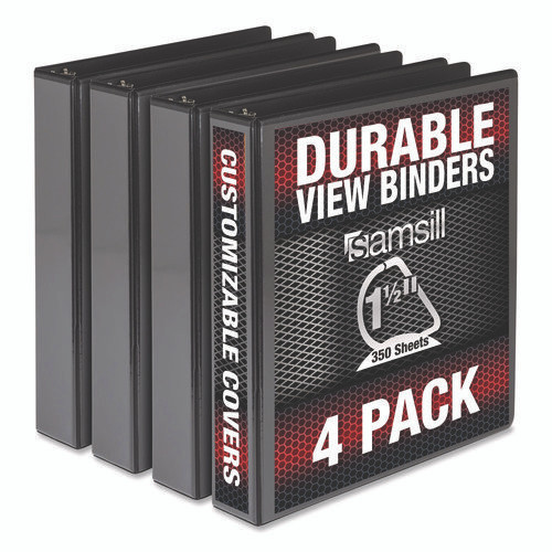 Durable D-Ring View Binders, 3 Rings, 1.5" Capacity, 11.5" x 8.5", Black, 4/Pack