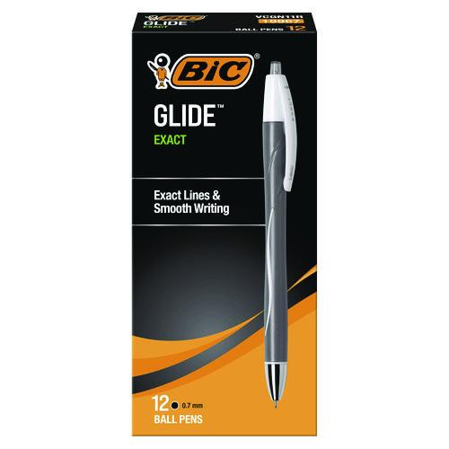 GLIDE Exact Ballpoint Pen, Retractable, Fine 0.7 mm, Black Ink, Black Barrel, Dozen
