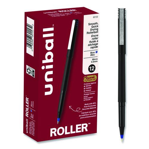 Rollerball Pen, Stick, Extra-Fine 0.5 mm, Blue Ink, Black/Blue Barrel, Dozen