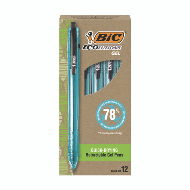 Ecolutions Gel Pen, Retractable, Medium 1 mm, Black Ink, Blue Barrel, 12/Pack