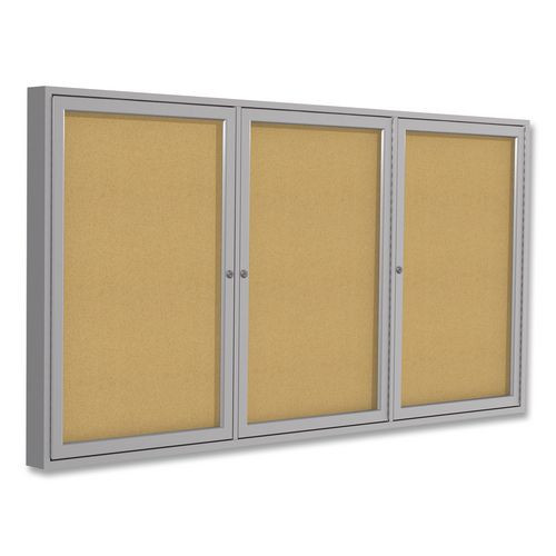 2 Door Enclosed Natural Cork Bulletin Board with Satin Frame, 72" x 36", Tan Surface, Satin Aluminum Frame