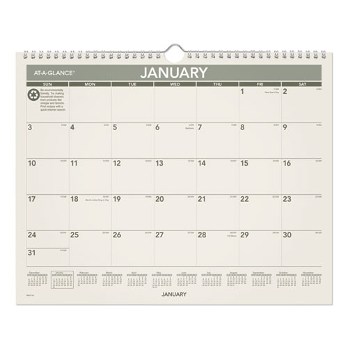 Recycled Wall Calendar, Unruled Blocks, 15 x 12, Sand/Green Sheets, 12-Month (Jan to Dec): 2025