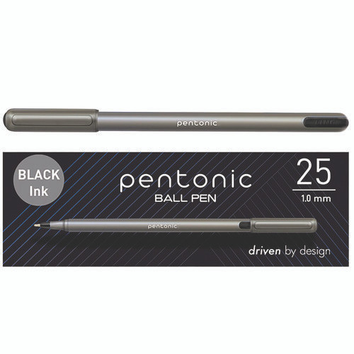 PENTONIC Ballpoint Pen, Stick, Medium 1 mm, Black Ink, Charcoal Gray Barrel, 25/Pack