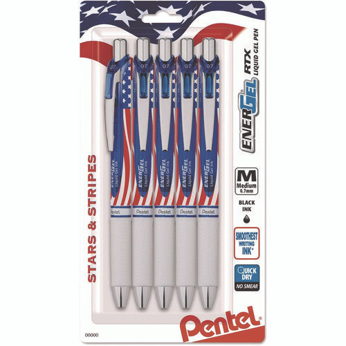 EnerGel RTX Gel Pen, Retractable, Medium 0.7 mm, Black Ink, Stars and Stripes Metallic Red Barrel, 5/Pack
