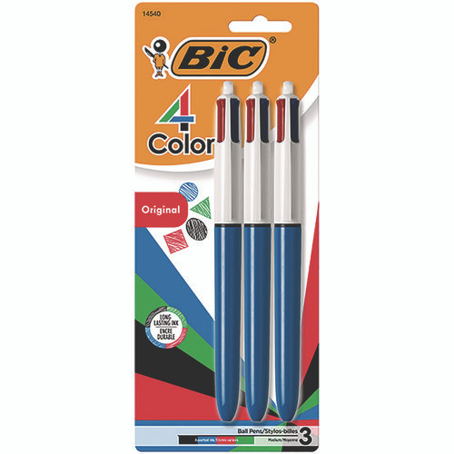 4-Color Ballpoint Pen, Retractable, Medium 1 mm, Black/Blue/Green/Red Ink Colors, Randomly Assorted Barrel Colors, 3/PK