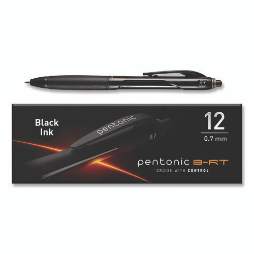 PENTONIC Ballpoint Pen, Retractable, Fine 0.7 mm, Black Ink, Black Barrel, 12/Pack