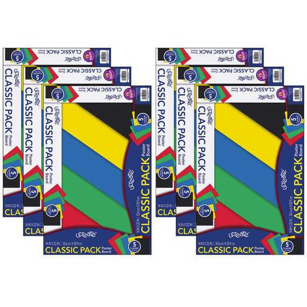 Poster Board, 5 Assorted Primary Colors, 14" x 22", 5 Sheets Per Pack, 6 Packs