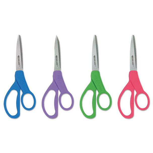 Student Scissors with Antimicrobial Protection, Pointed Tip, 7" Long, 3" Cut Length, Randomly Assorted Handle Color
