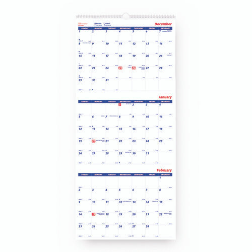 Three-Month Wall Calendar, 12.25" x 27", White/Blue Sheets, 14-Months: Dec 2024 to Jan 2026
