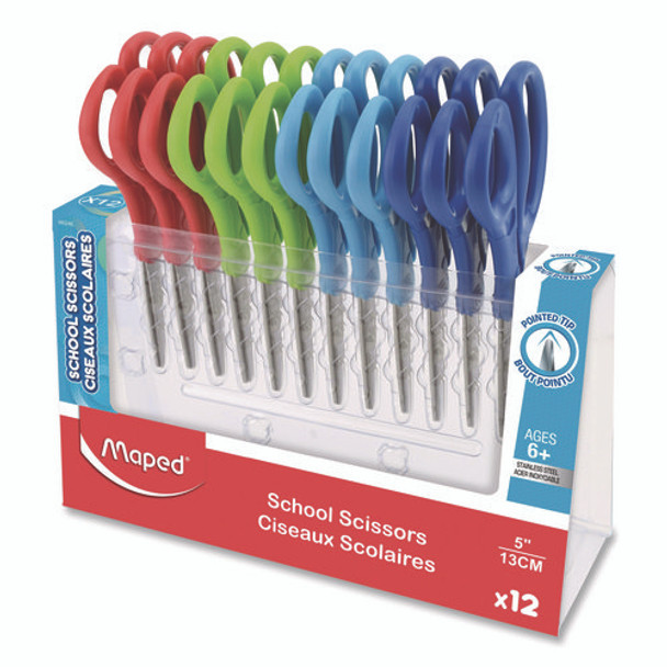 Essential Pointed School Scissors School Pack, Pointed Tip, 5.35" Long, 2" Cut Length, Straight Assorted Handle, 12/Pack