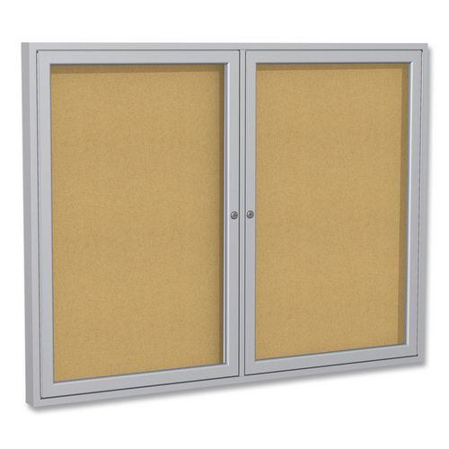 2 Door Enclosed Natural Cork Bulletin Board with Satin Frame, 60" x 48", Tan Surface, Satin Aluminum Frame