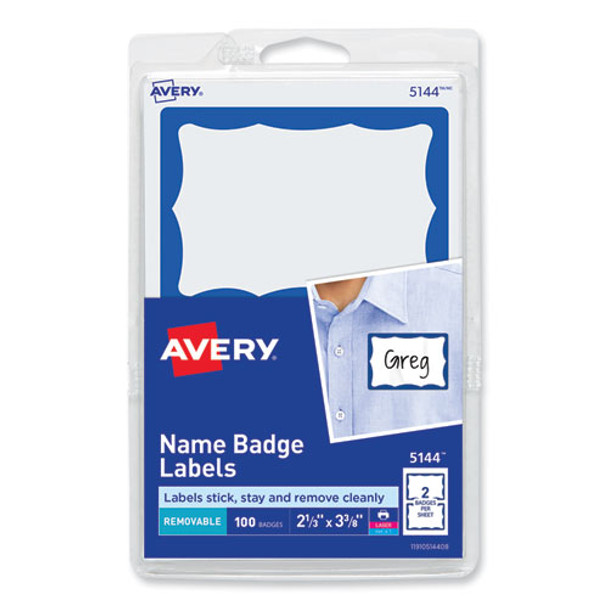 Printable Adhesive Name Badges, 3.38 x 2.33, Blue Border, 100/Pack