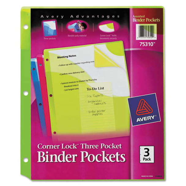 Corner Lock Three-Pocket Binder Pocket, 9.25 x 11.25, Assorted Color, 3/Pack