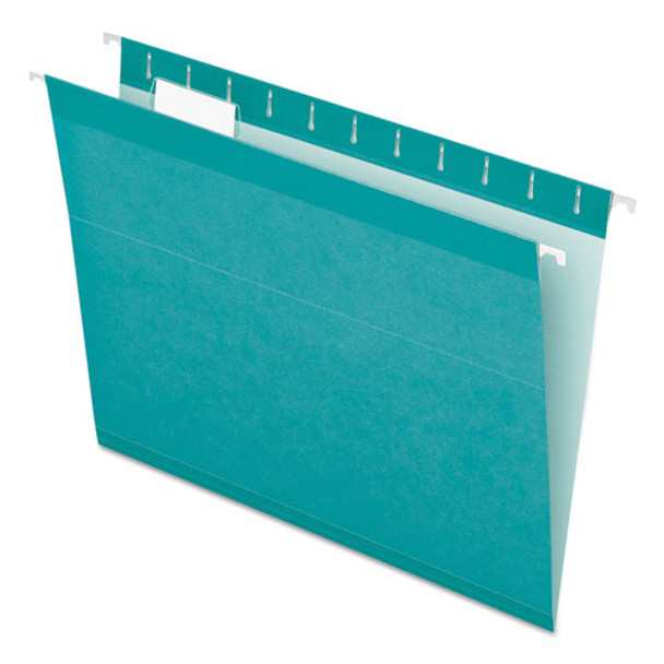 Colored Reinforced Hanging Folders, Letter Size, 1/5-Cut Tabs, Aqua, 25/Box