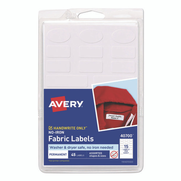 Avery Kids No-Iron Fabric Labels, Handwrite Only, Assorted Shapes and Sizes, White, 15 Labels/Sheet, 3 Sheets/Pack