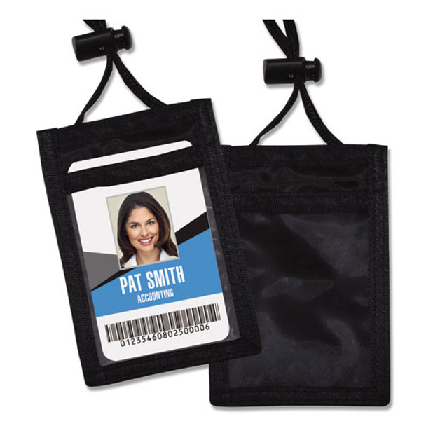 ID Badge Holders with Convention Neck Pouch, Vertical, Black/Clear 3.25" x 5" Holder, 2.38" x 3.5" Insert, 48" Cord, 12/Pack