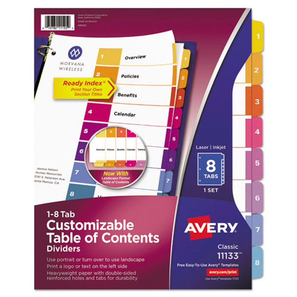 Customizable TOC Ready Index Multicolor Tab Dividers, 8-Tab, 1 to 8, 11 x 8.5, White, Traditional Color Tabs, 1 Set