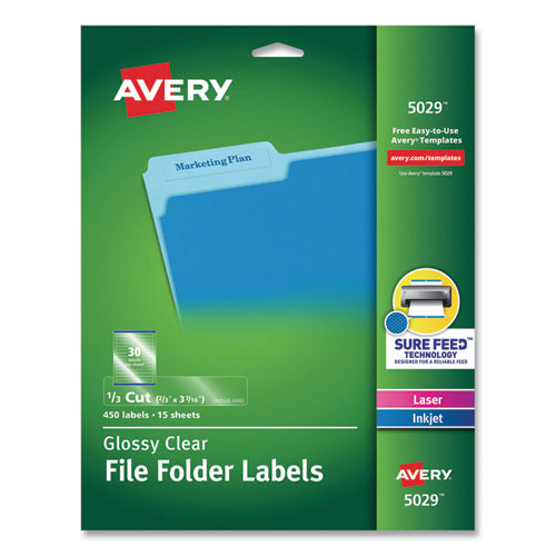 Clear Permanent File Folder Labels with Sure Feed Technology, 0.66 x 3.44, Clear, 30/Sheet, 15 Sheets/Pack