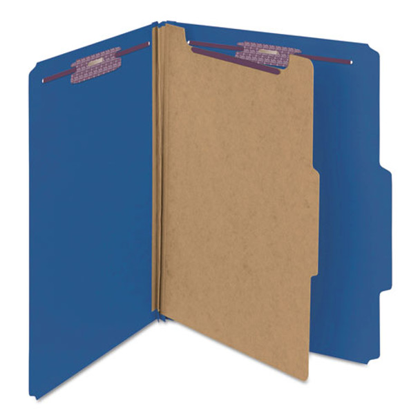 Four-Section Pressboard Top Tab Classification Folders, Four SafeSHIELD Fasteners, 1 Divider, Letter Size, Dark Blue, 10/Box