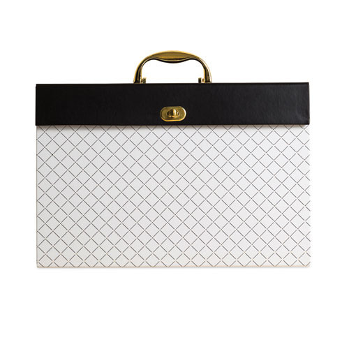 Expanding File Box, 5.25" Expansion, 19 Sections, Twist-Lock Latch Closure, 2/5-Cut Tabs, Letter Size, White/Black/Gold