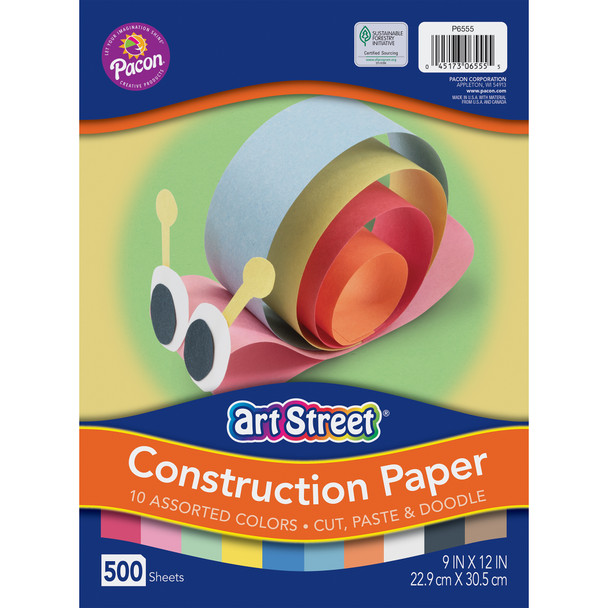 Construction Paper, Standard Weight, 10 Assorted Colors, 9" x 12", 500 Sheets