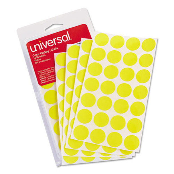 Self-Adhesive Removable Color-Coding Labels, 0.75" dia, Yellow, 28/Sheet, 36 Sheets/Pack