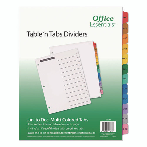 Table 'n Tabs Dividers, 12-Tab, Jan. to Dec., 11 x 8.5, White, Assorted Tabs, 1 Set