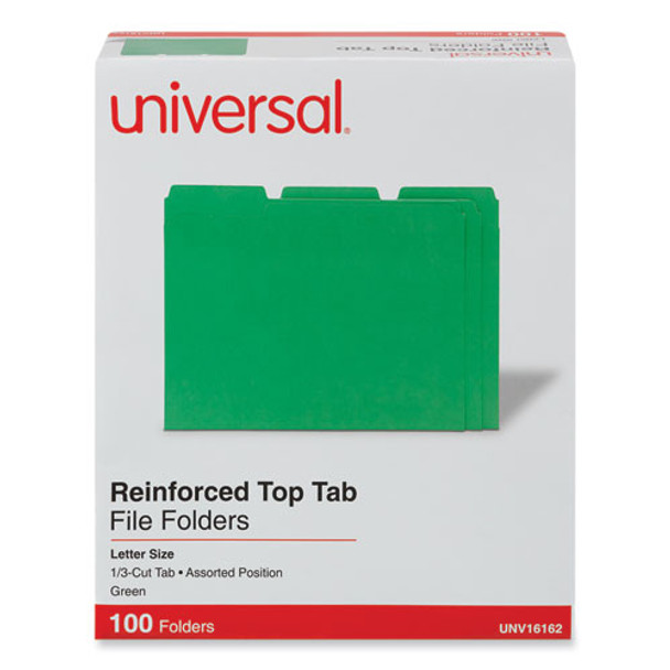 Reinforced Top-Tab File Folders, 1/3-Cut Tabs: Assorted, Letter Size, 1" Expansion, Green, 100/Box