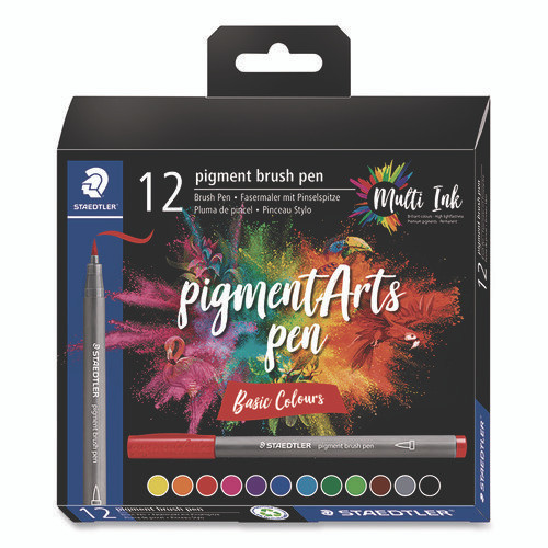 Pigment Brush Pen Set, Medium-Firm, Assorted Basic Colors, 12/Pack