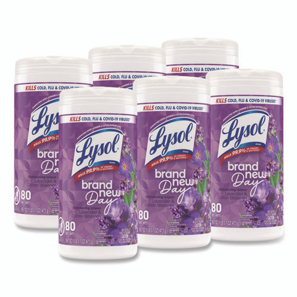 Disinfecting Wipes, 1-Ply, 7 x 7.25, Lavender and Cotton Blossom, White, 80 Wipes/Canister, 6 Canisters/Carton Disinfecting Wipes, 1-Ply, 7 x 7.25, Lavender and Cotton Blossom, White, 80 Wipes/Canister, 6 Canisters/Carton