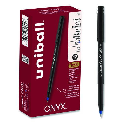 ONYX Rollerball Pen, Stick, Fine 0.7 mm, Blue Ink, Black/Blue Barrel, Dozen