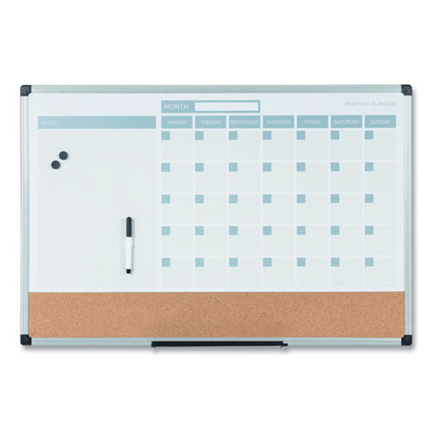 3-in-1 Planner Board, Monthly Planning/Scheduling Calendar, 24" x 18", Tan/White/Blue Surface, Satin Aluminum Frame