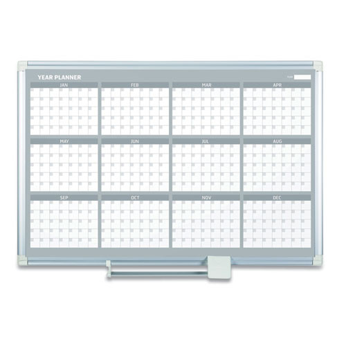 Magnetic Dry Erase Calendar Board, 12-Month Planning/Scheduling, 48" x 36", White Surface, Satin Aluminum Frame