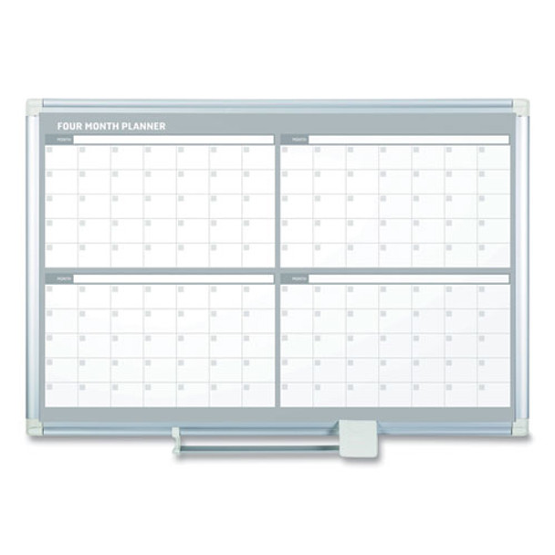 Magnetic Dry Erase Calendar Board, Four-Month Planning/Scheduling, 48" x 36", White Surface, Satin Aluminum Frame