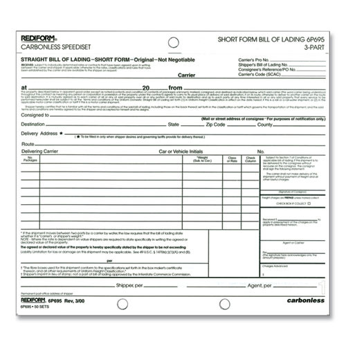 Speediset Bill of Lading, Short Form, Three-Part Carbonless, 7 x 8.5, 50 Forms Total