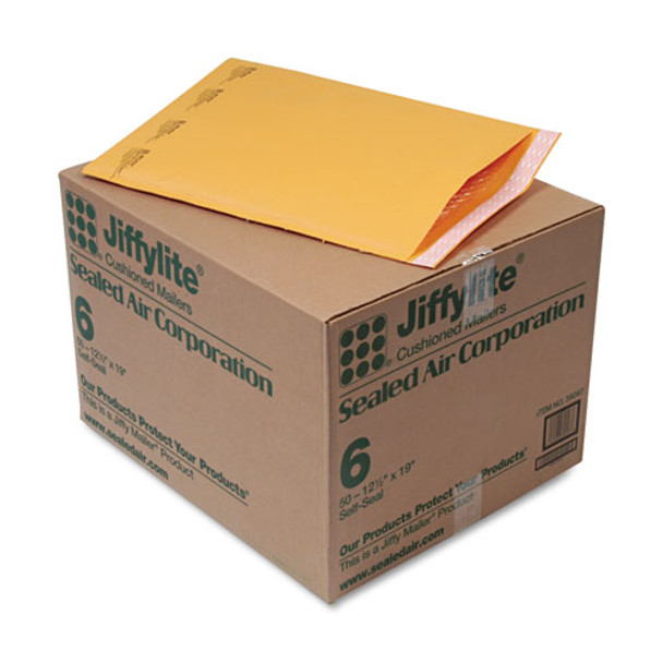 Jiffylite Self-Seal Bubble Mailer, #6, Barrier Bubble Air Cell Cushion, Self-Adhesive Closure, 12.5 x 19, Brown Kraft, 50/CT
