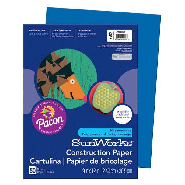 Construction Paper, Medium Weight, Bright Blue, 9" x 12", 50 Sheets Per Pack, 10 Packs