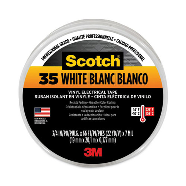 Scotch 35 Vinyl Electrical Color Coding Tape, 3" Core, 0.75" x 66 ft, White
