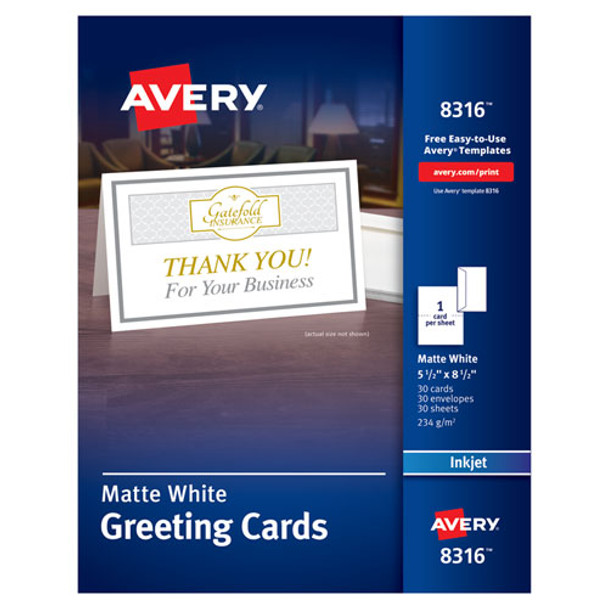 Half-Fold Greeting Cards with Matching Envelopes, Inkjet, 85 lb, 5.5 x 8.5, Matte White, 1 Card/Sheet, 30 Sheets/Box